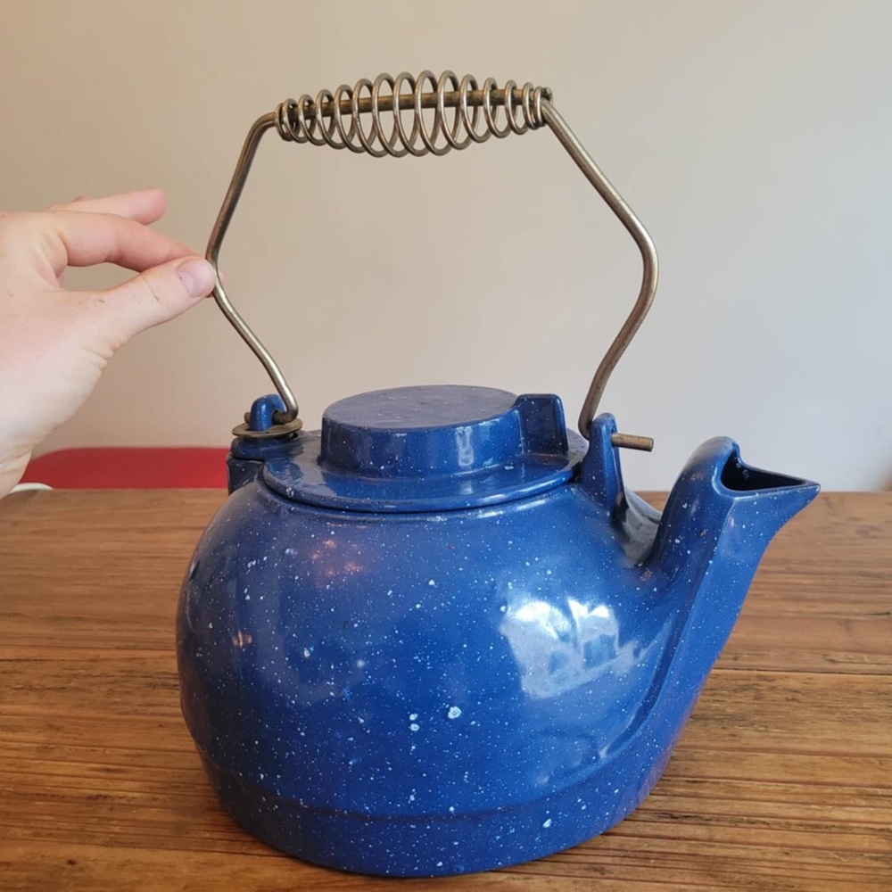 Vintage Enameled Cast Iron Kettle Cobalt